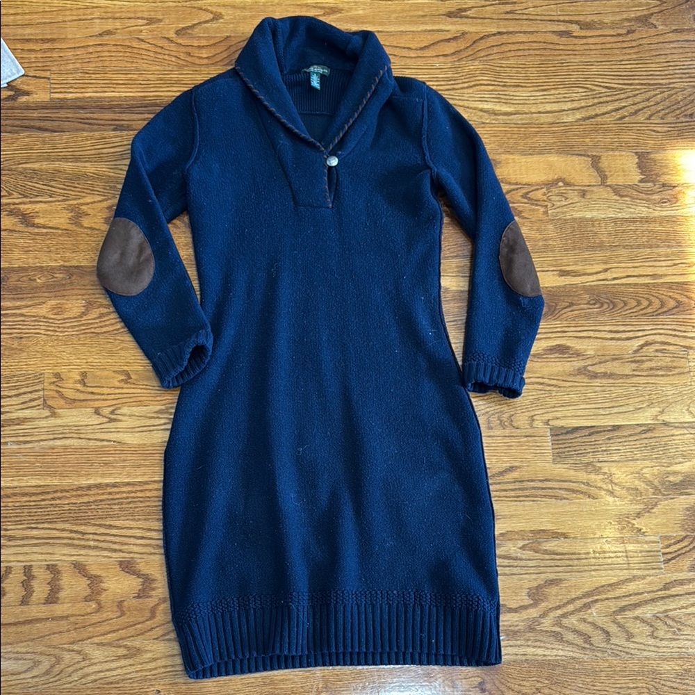 Lrl lauren jeans co. Ralph lauren Navy Sweater Dress with Brown Elbow Patches S
